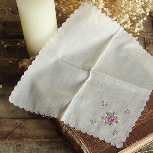 Vintage Handkerchief, Purple Violet Flower Embroidery on White Hankie